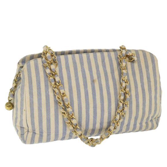 CHANEL Quilted Chain Big Matelasse Shoulder Bag Canvas Light Blue CC Auth 58349A - Picture 1 of 15